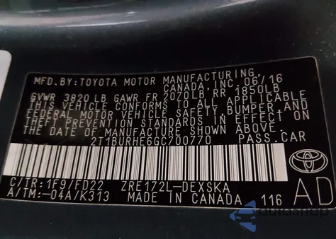 2016 Toyota Corolla S Plus z USA, uszkodzony, nr VIN 2T1BURHE6GC700770